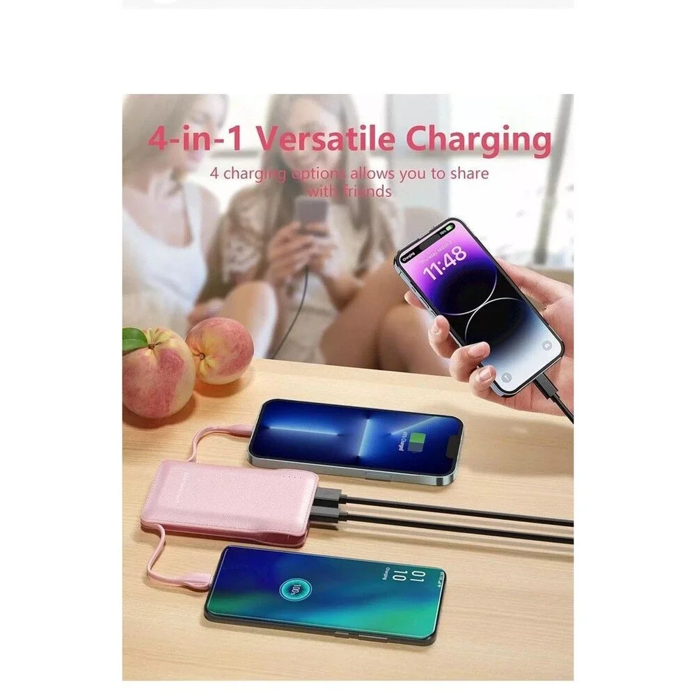 10000mAh Portable Power Bank with Built-in Cables - Fast Charging & Slim Design